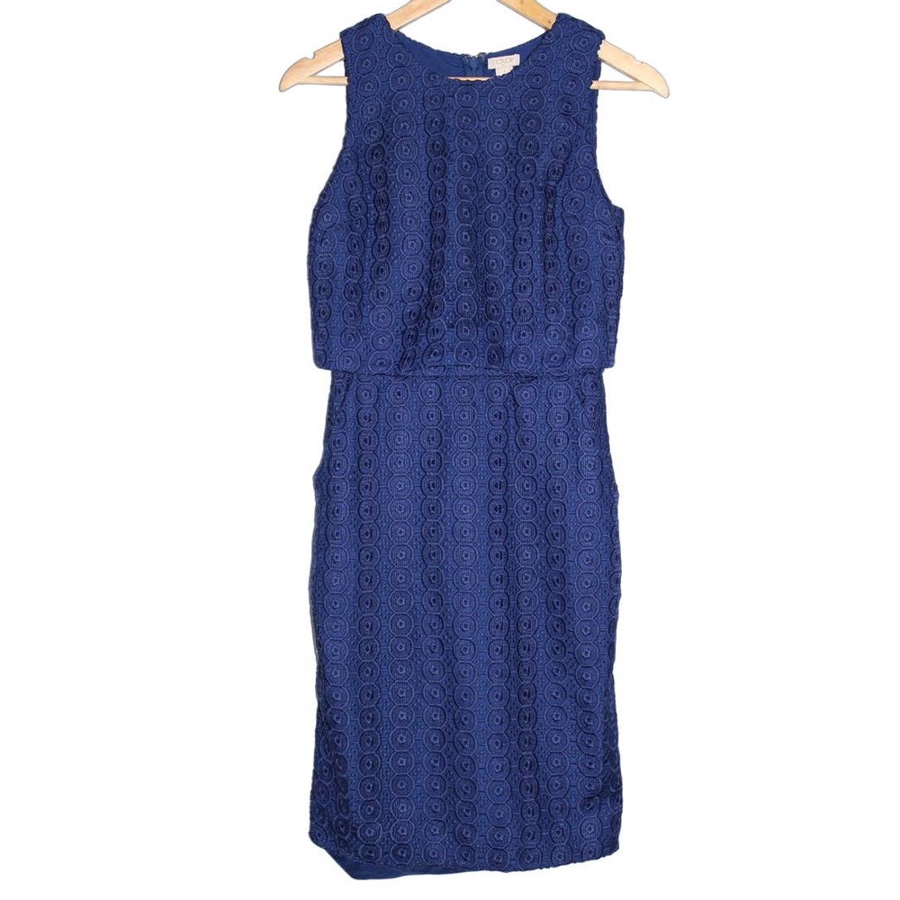 Womens J. Crew G4942 Navy Blue Lace Crochet Pocket Sleeveless Shift Dress Size 0